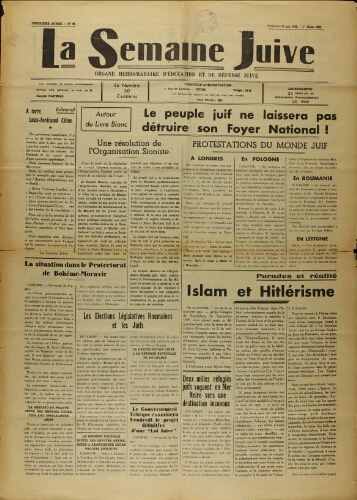 La Semaine Juive : Organe hebdomadaire d'éducation et de défense juive. N° 64 (19 mai 1939)